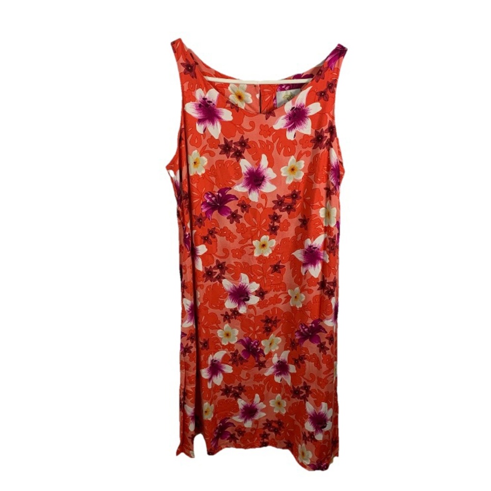 Ho Aloha Hawaiian Sheath Dress Sz L Tropical Sleeveless Floral Hibiscus‎ Coral